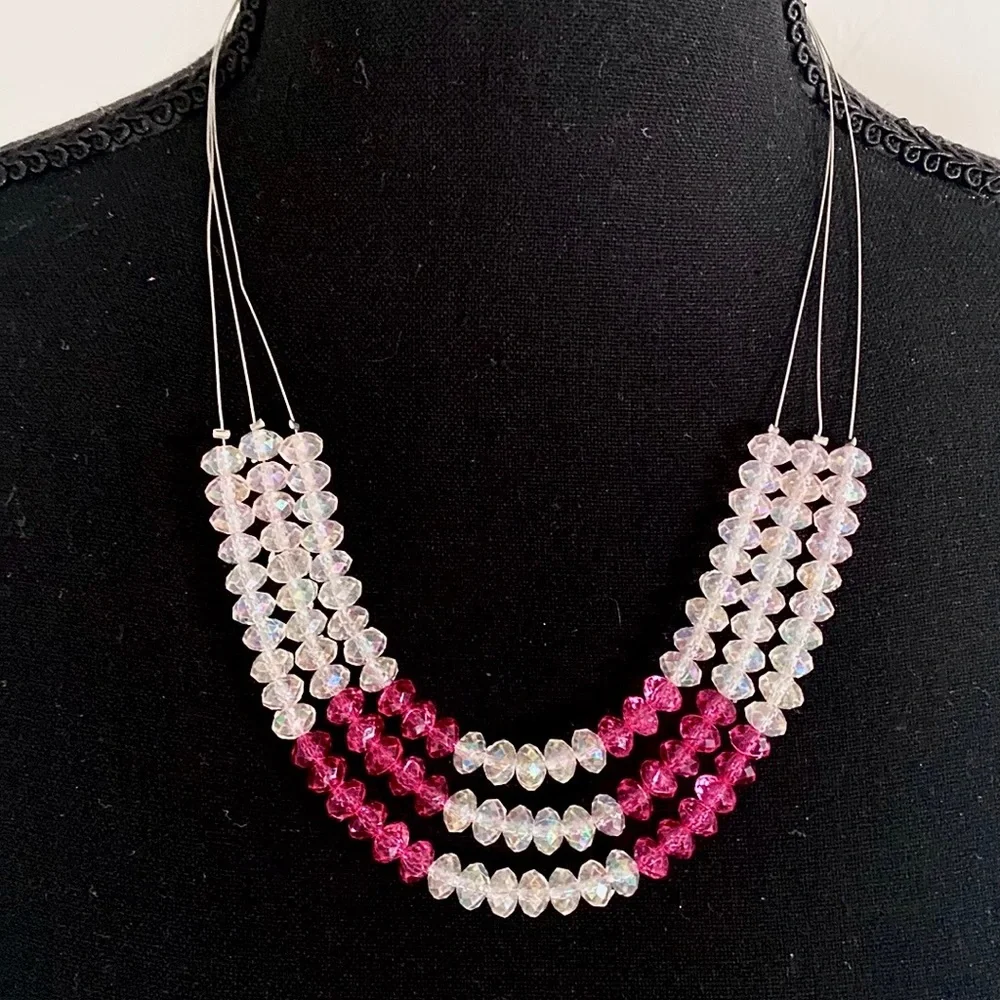 Silver “Invisible” Necklace With White And Hot Pink Beads - Picture 3 of 16